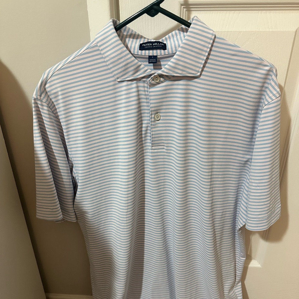 Peter Millar Light Blue and White Striped Polo